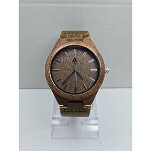 Woodgrain Mens Wooden Watch Brown Dial Leather Strap Quartz Analog New Battery